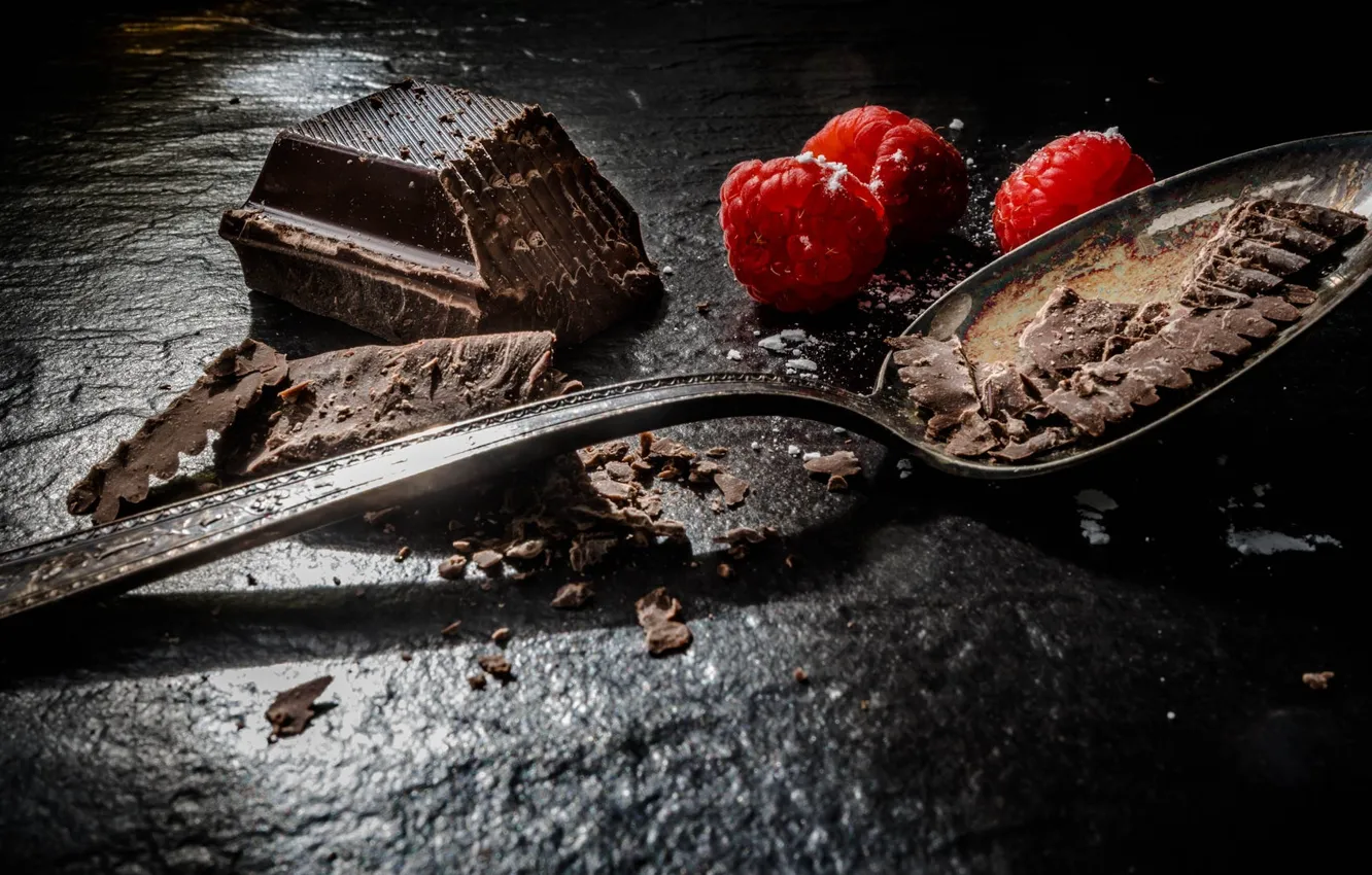 Photo wallpaper light, berries, raspberry, the dark background, table, chocolate, spoon, still life