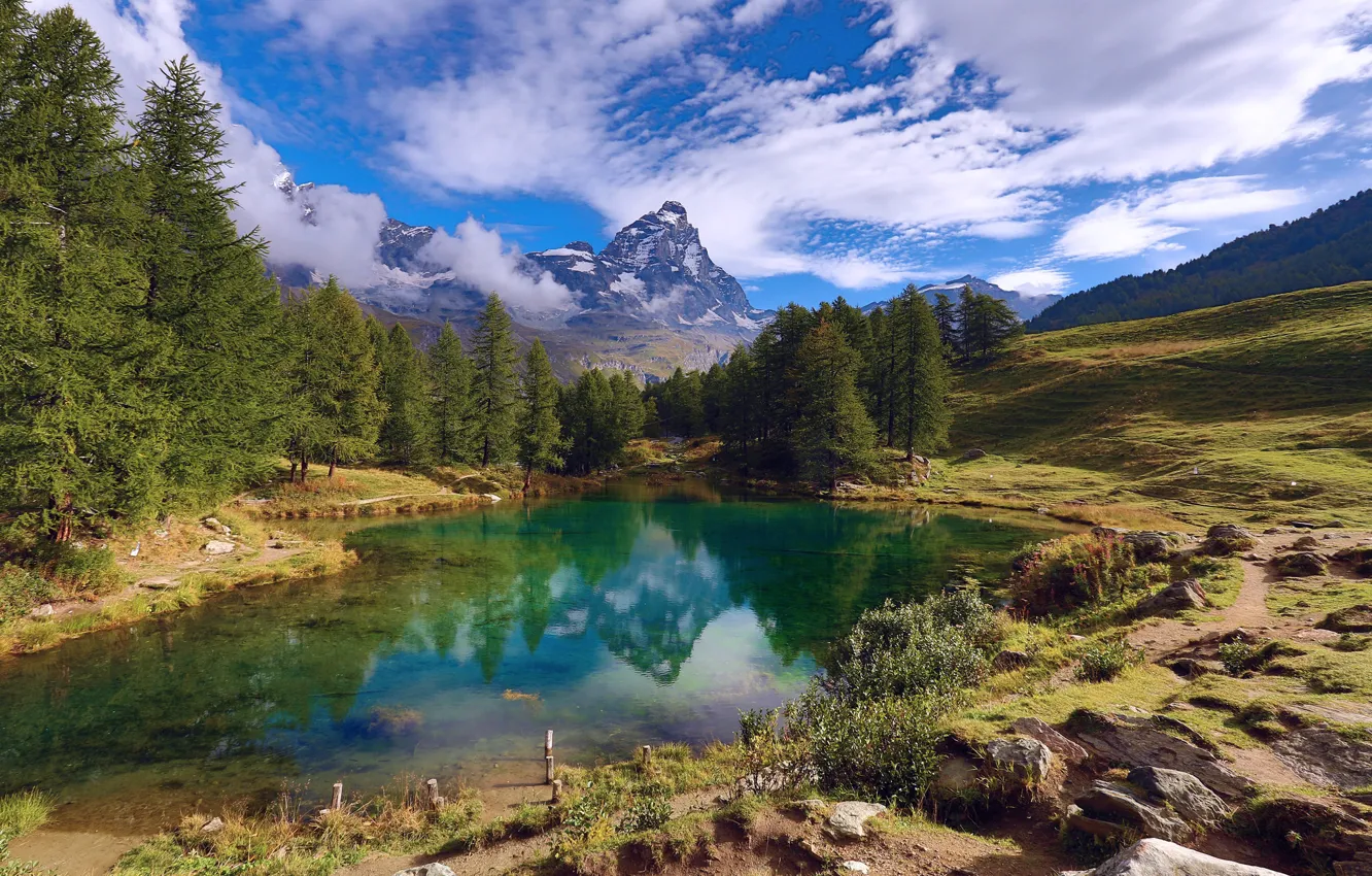 Photo wallpaper forest, the sky, clouds, trees, mountains, lake