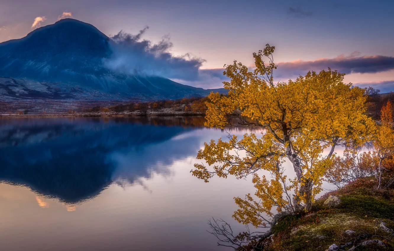 Photo wallpaper autumn, clouds, landscape, nature, lake, reflection, tree, mountain