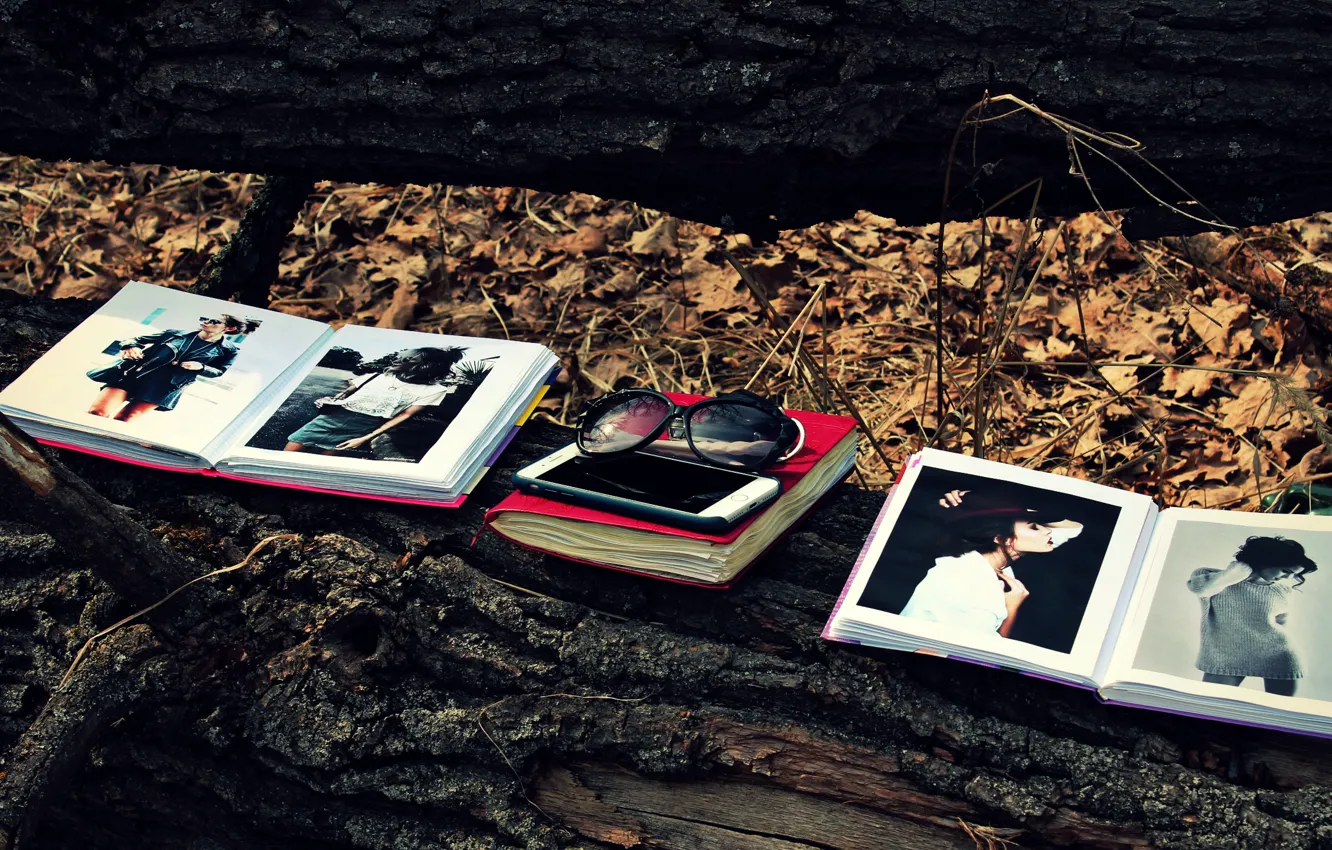 Photo wallpaper forest, leaves, tree, foliage, books, glasses, book, phone