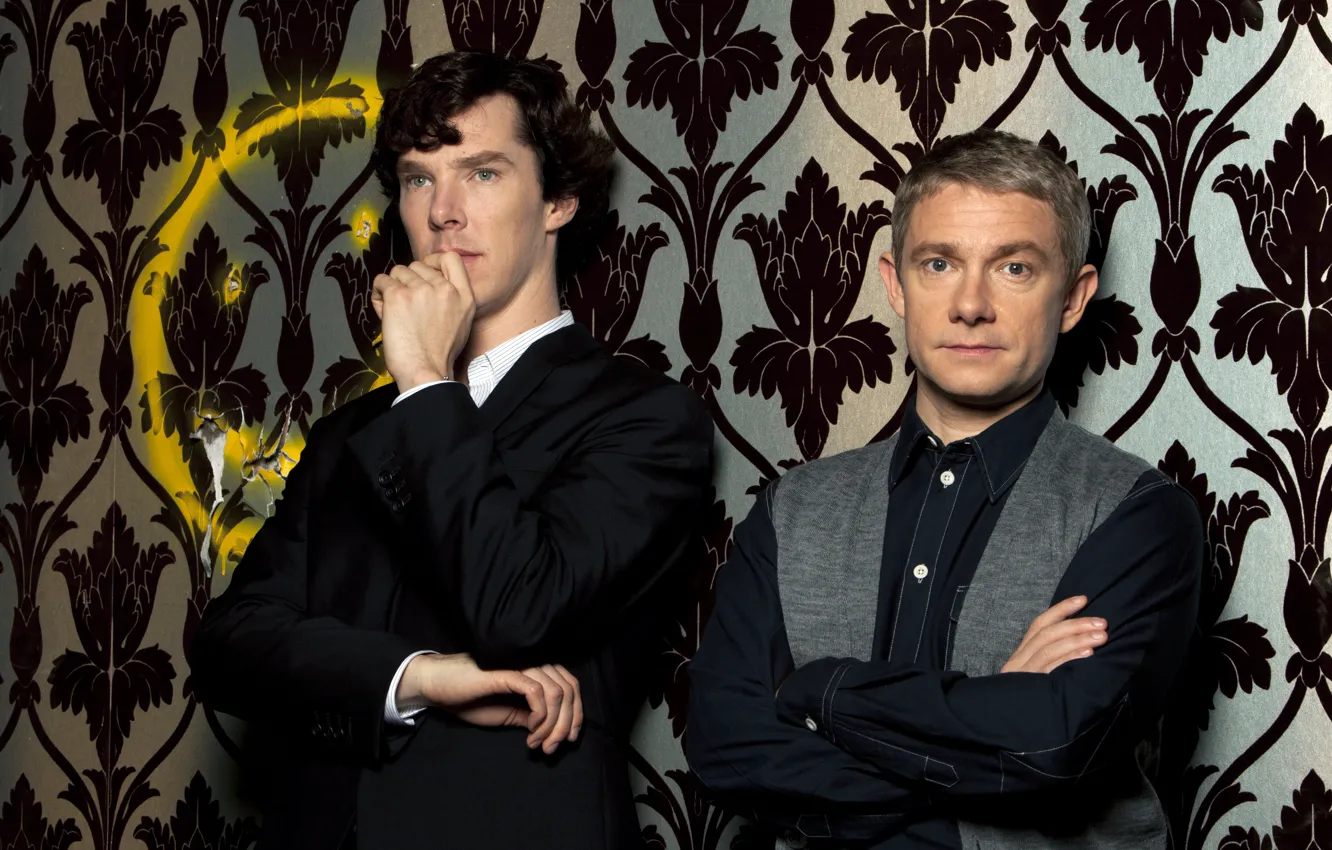 Photo wallpaper wall, smile, Sherlock Holmes, partner, Sherlock, Sherlock BBC, Sherlock Holmes, John Watson