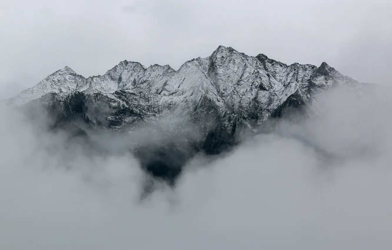 Photo wallpaper mountains, clouds, snow, peaks