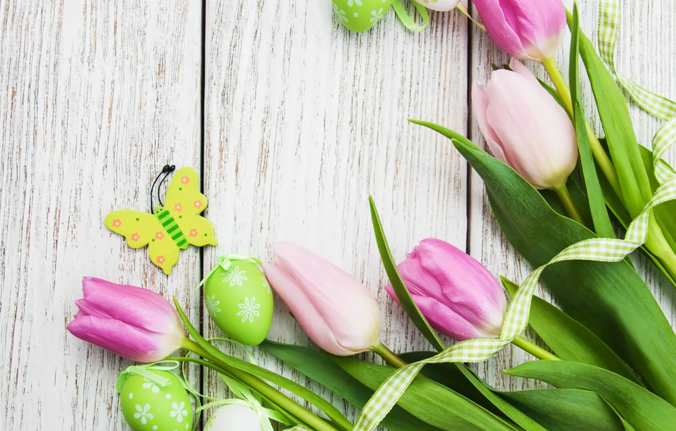 Photo wallpaper flowers, eggs, spring, colorful, Easter, tulips, wood, pink