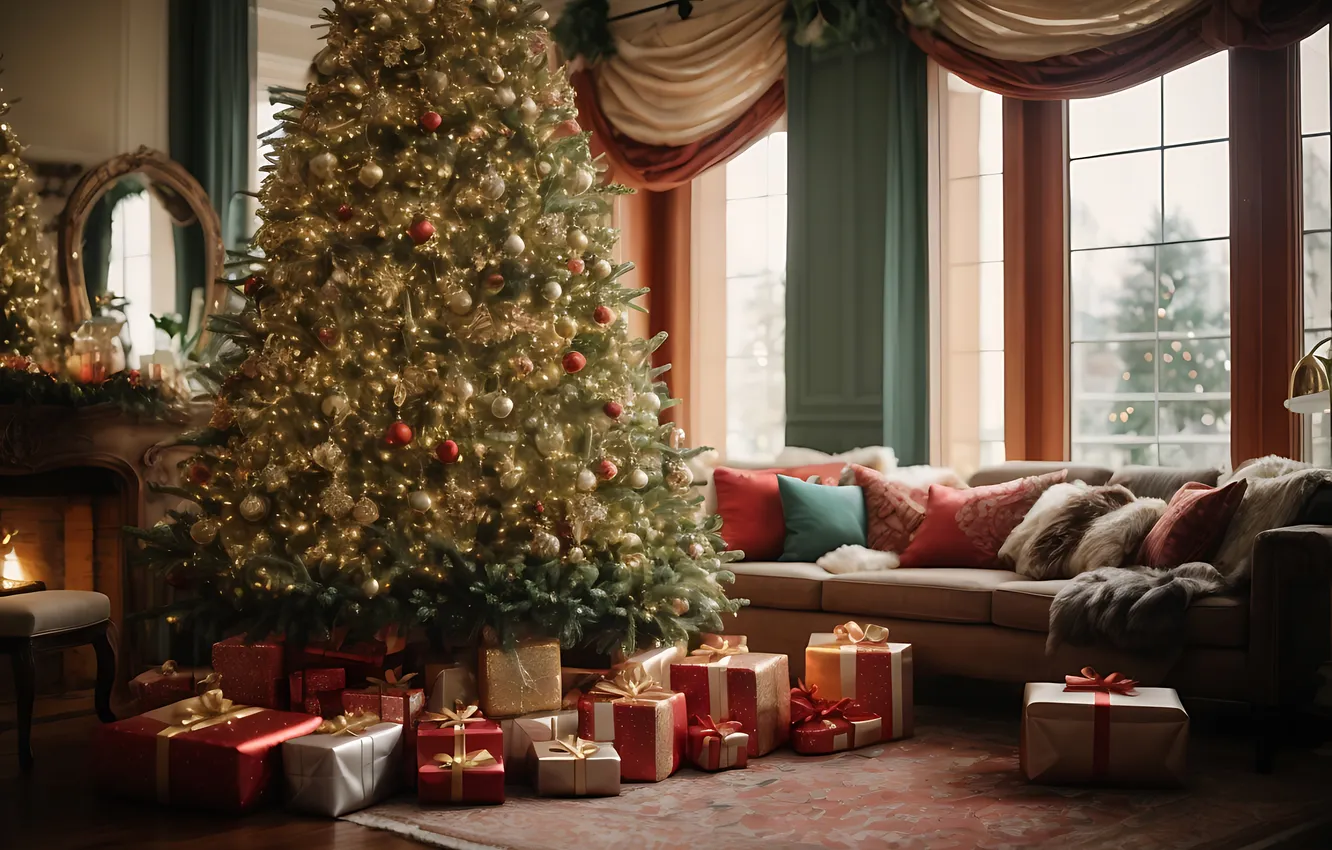 Photo wallpaper decoration, room, gift, tree, new year, interior, Christmas, Christmas