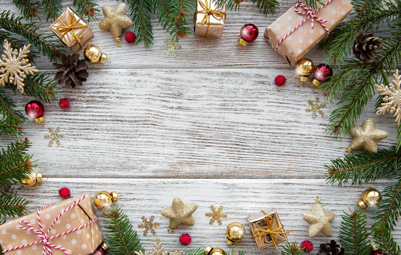 Photo wallpaper decoration, balls, Christmas, gifts, New year, christmas, new year, wood