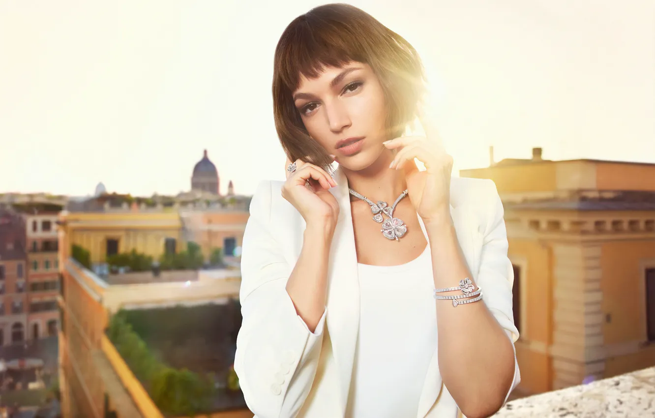 Photo wallpaper roof, look, girl, the sun, decoration, face, the city, pose