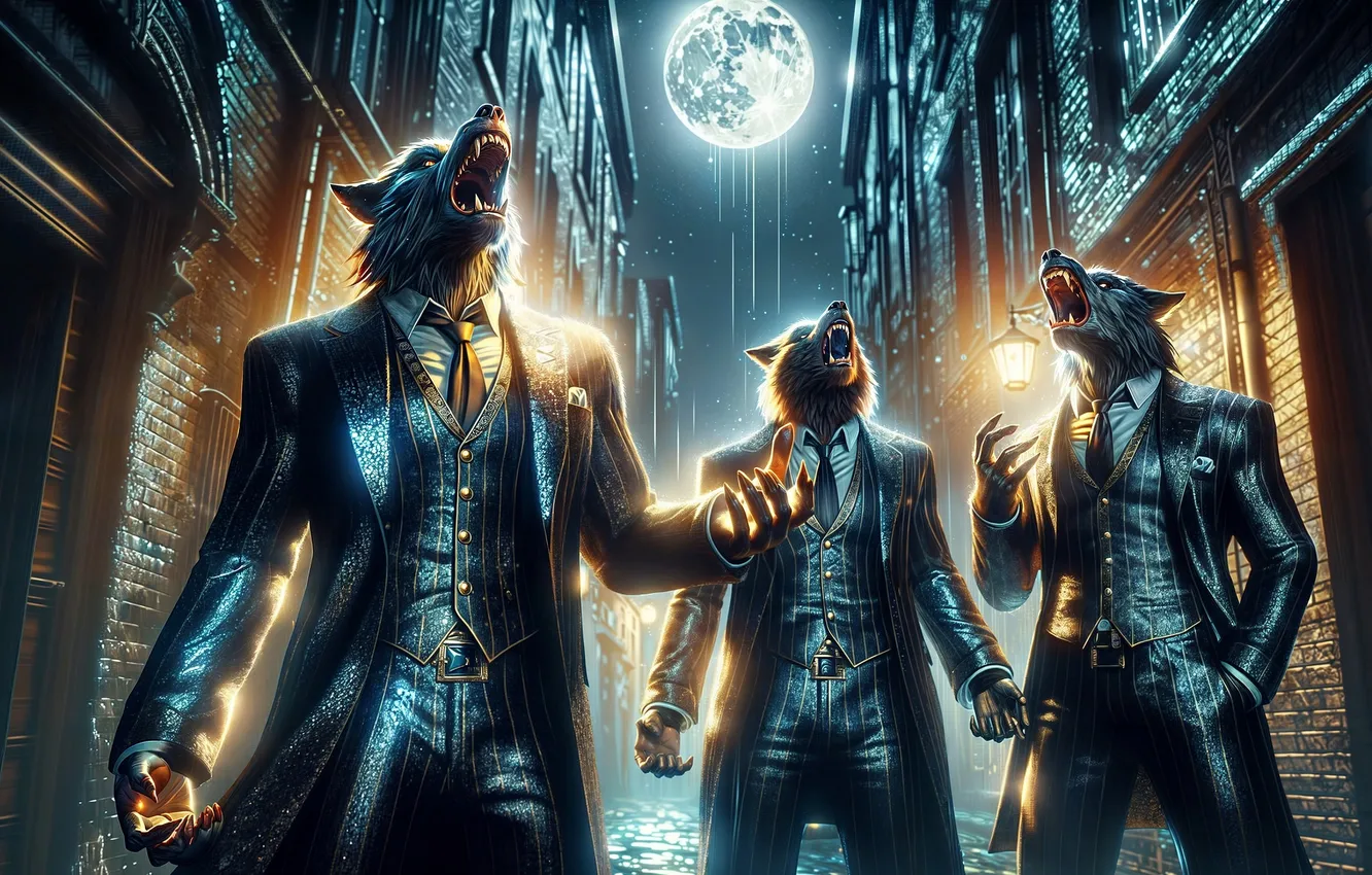 Photo wallpaper the city, the moon, wolf, costume, werewolf, howling