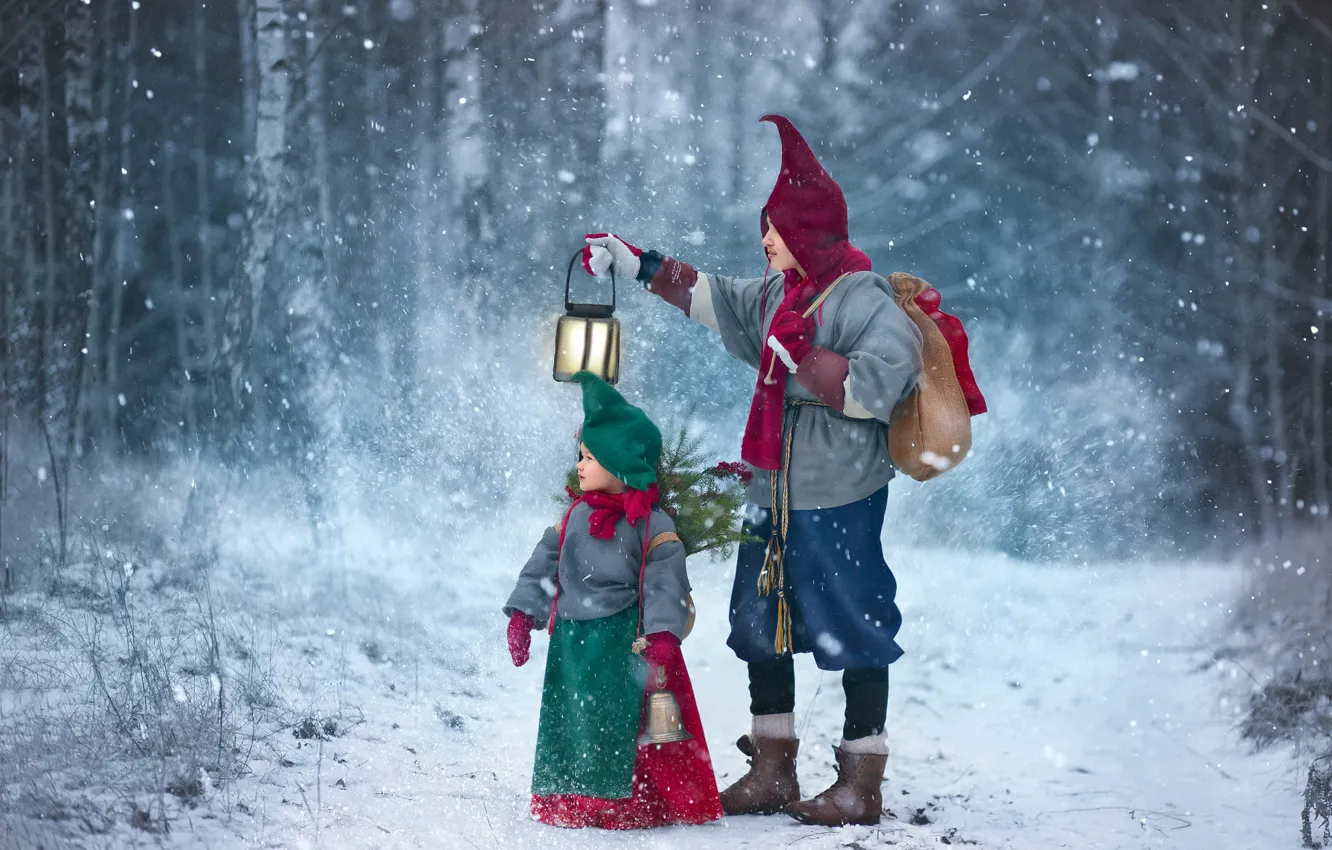 Photo wallpaper winter, forest, look, snow, trees, branches, nature, children