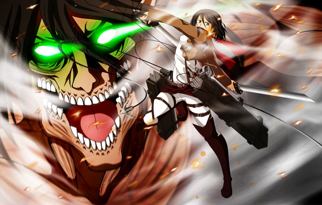 Photo wallpaper anime, art, Titan, Mikasa, Shingeki no Kyojin, Eren, Attack of the titans, The invasion of …