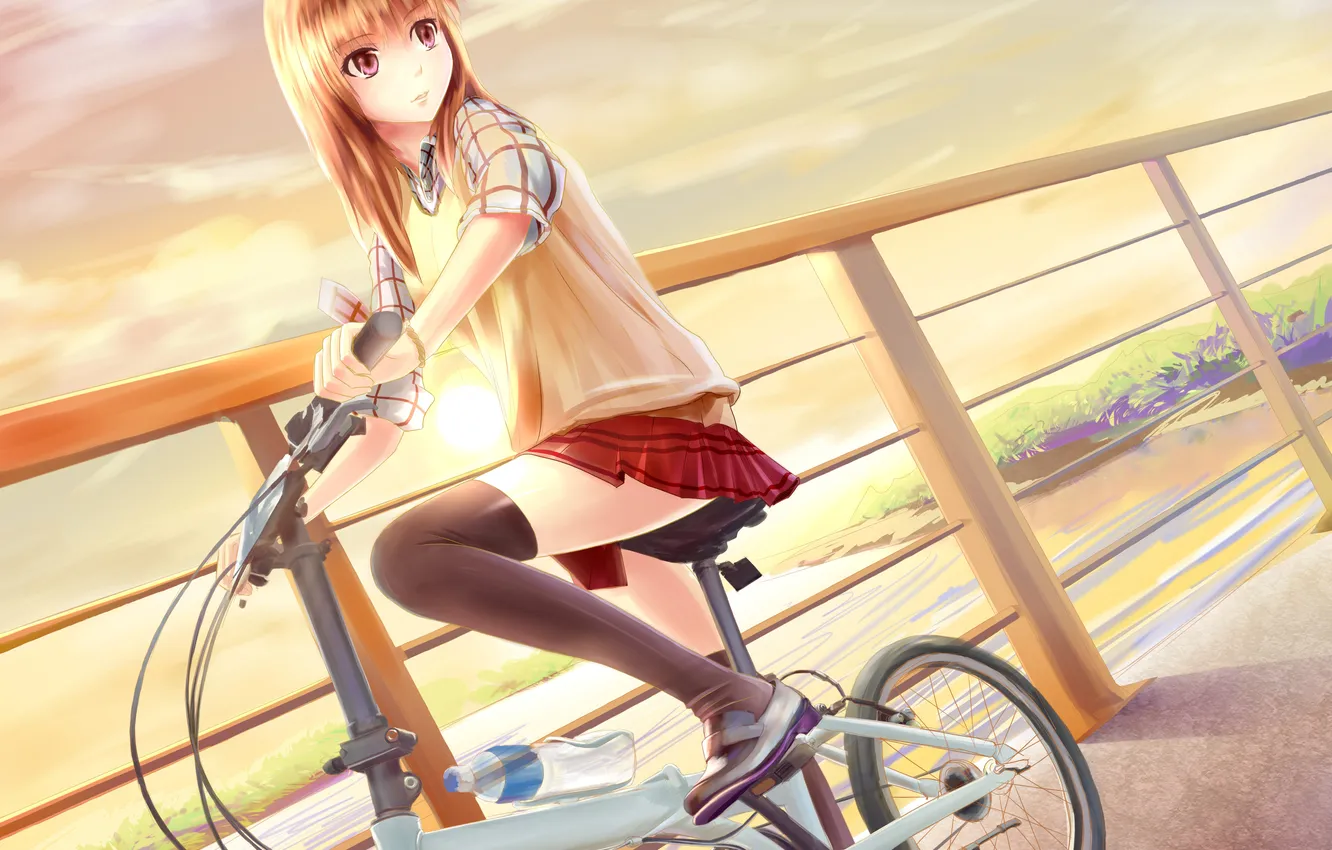 Photo wallpaper girl, bike, river, school uniform, art, Xiaoyin Li
