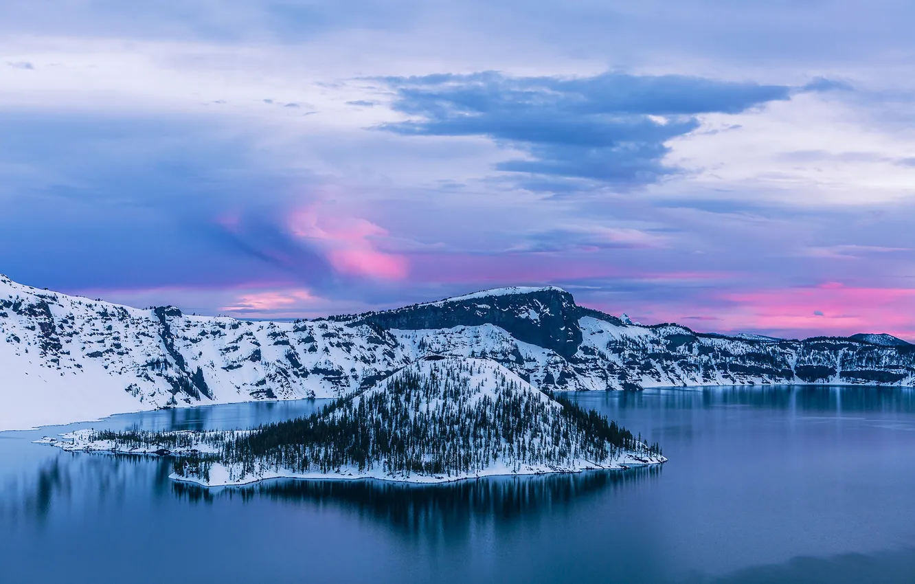 Photo wallpaper sunrise, dawn, island, Oregon, Oregon, Crater Lake, Crater Lake National Park, Crater Lake