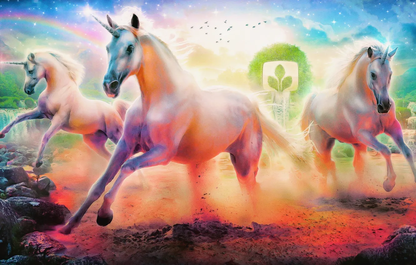 Photo wallpaper stars, clouds, river, stones, horse, bird, color, rainbow