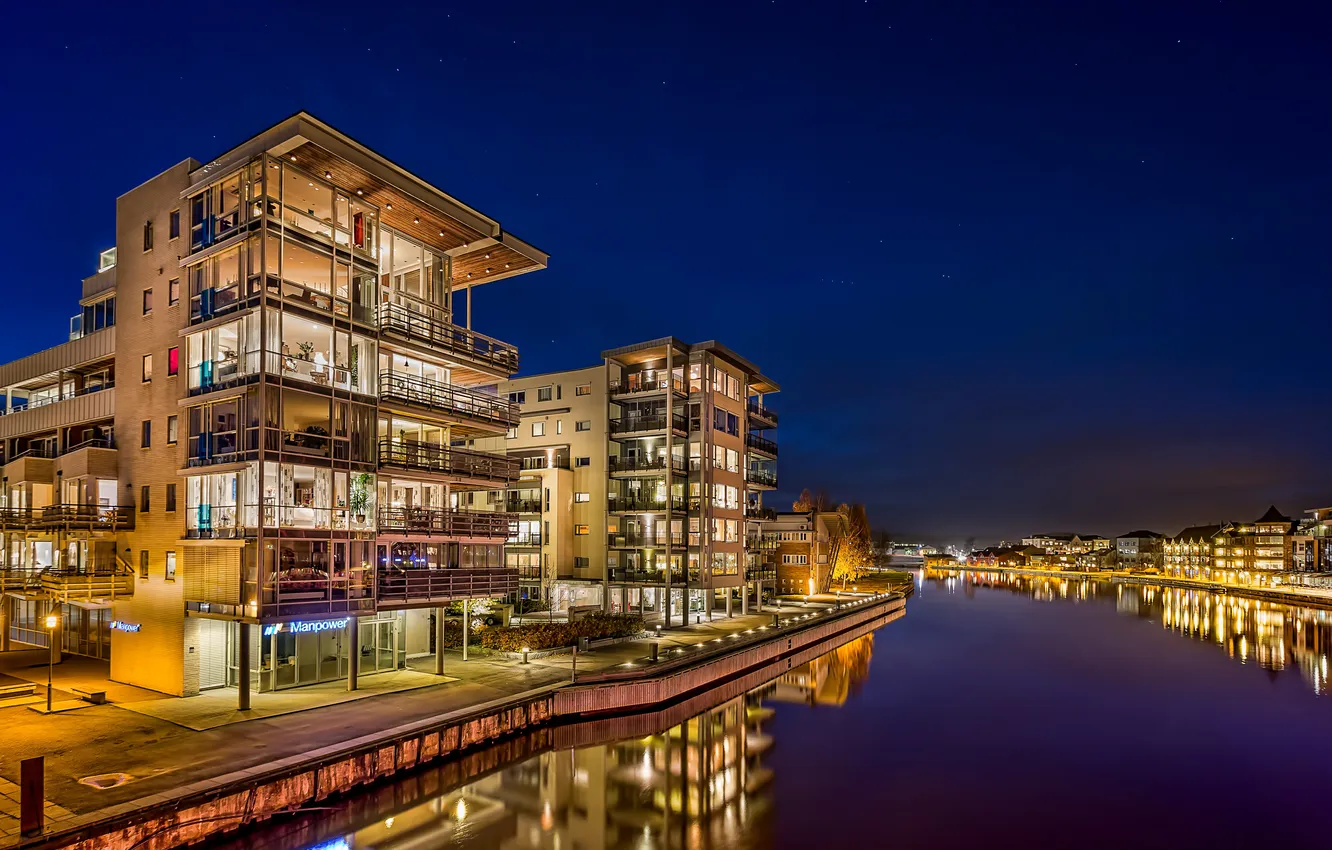 Photo wallpaper night, the city, river, photo, home, Norway, Fredrikstad