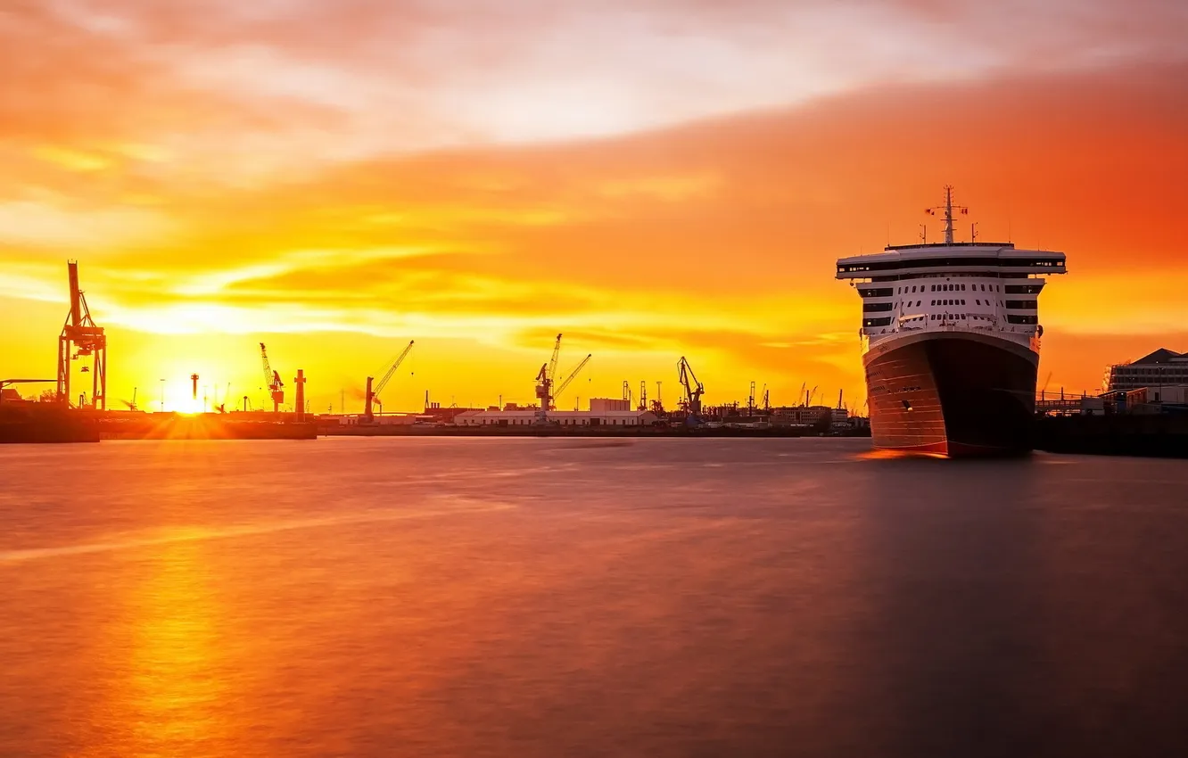 Photo wallpaper landscape, sunset, ship, port
