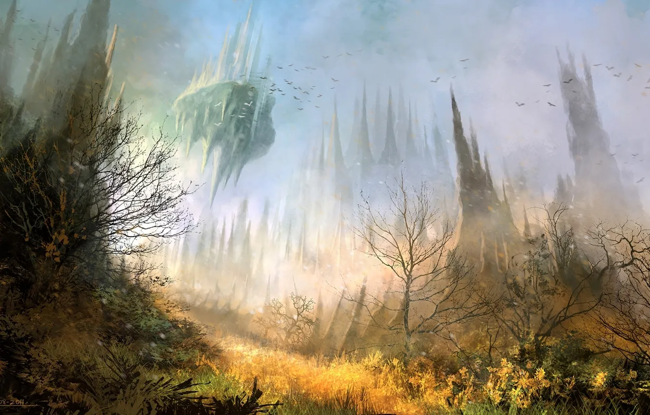 Photo wallpaper grass, rocks, bird, figure, the bushes, acrt, Flying castle