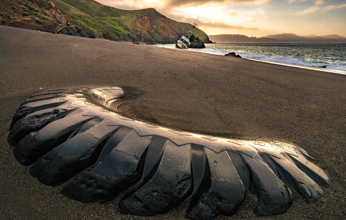 Photo wallpaper nature, shore, tires