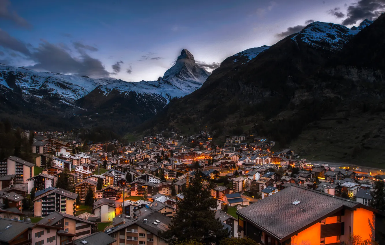 Photo wallpaper roof, mountains, lights, home, the evening, Switzerland, slope, village