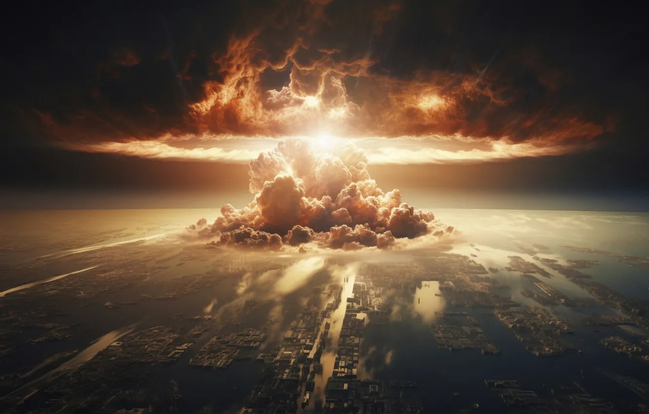 Photo wallpaper Home, The city, Fire, Mushroom, The explosion, Digital art, A nuclear explosion, Destruction