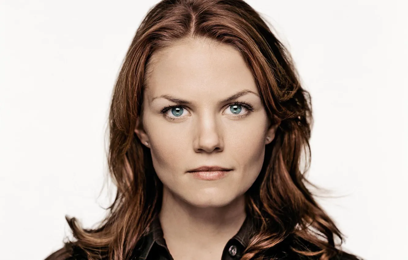Photo wallpaper actress, brunette, white background, Jennifer Morrison, shirt, Jennifer Morrison, green eyes