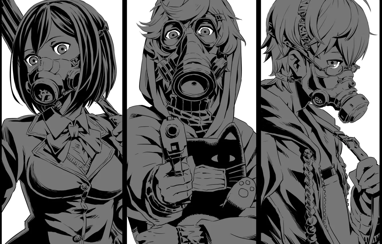 Photo wallpaper collage, gas mask, trio