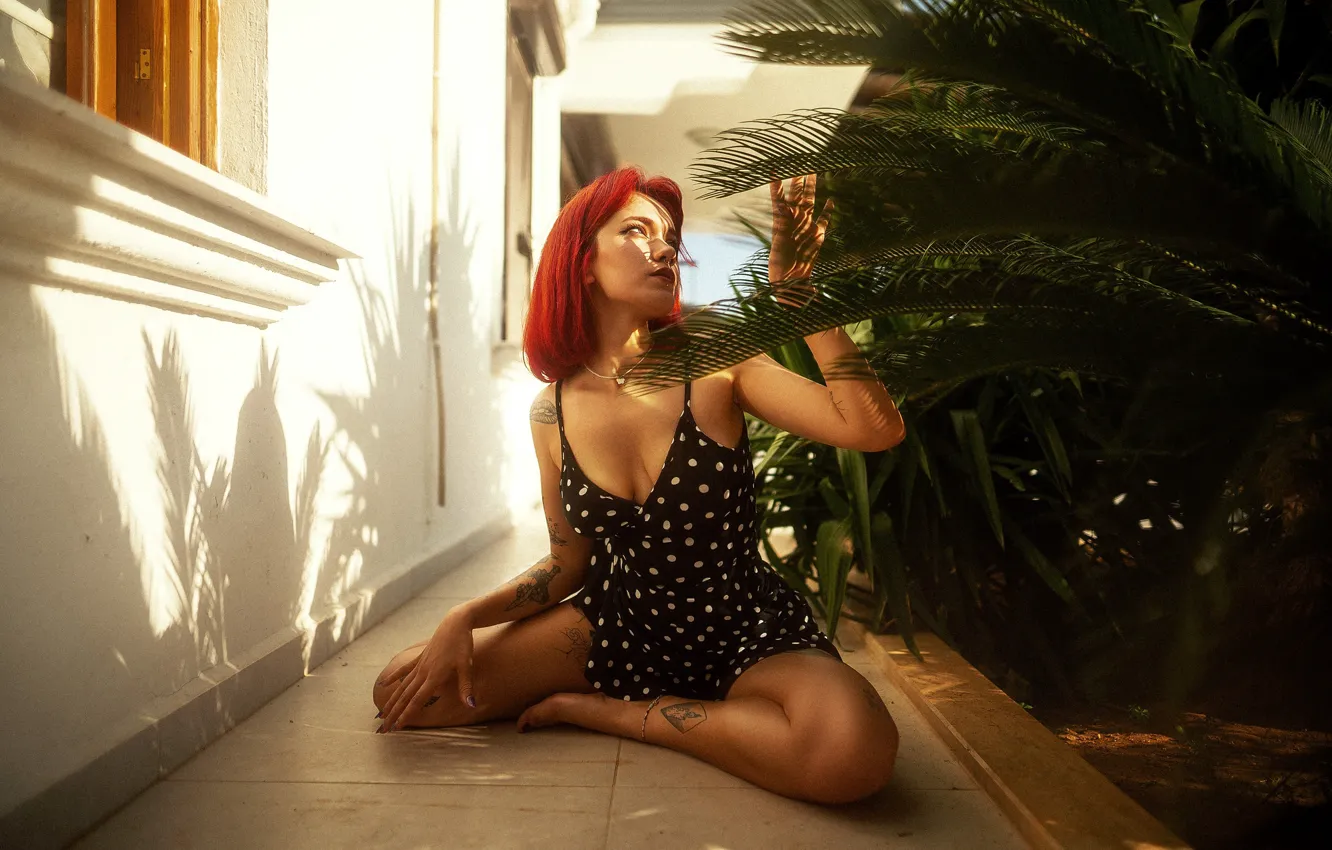 Photo wallpaper girl, pose, polka dot, dress, tattoo, red, redhead, Maxim Gontarev