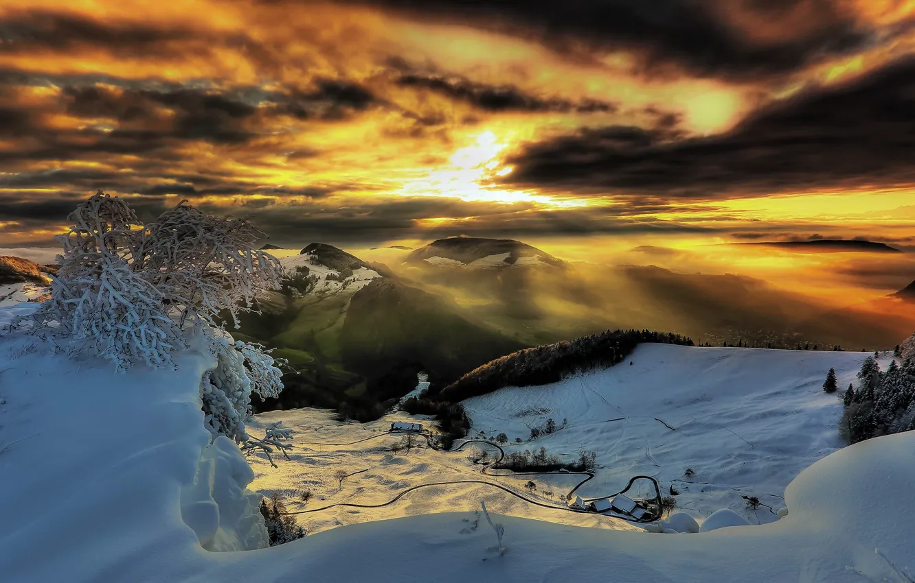 Photo wallpaper winter, mountains, night