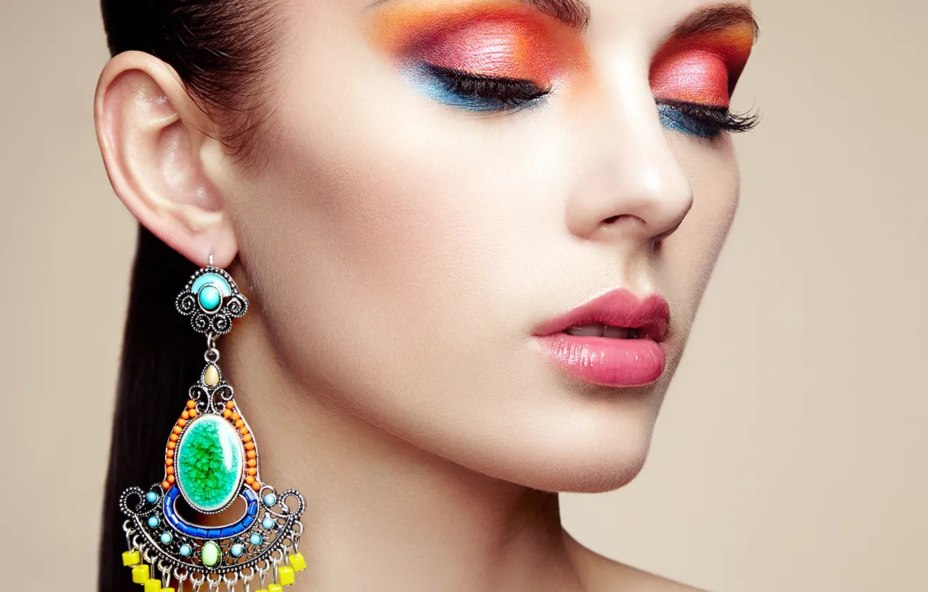 Photo wallpaper face, background, model, portrait, earrings, makeup, hairstyle, brown hair