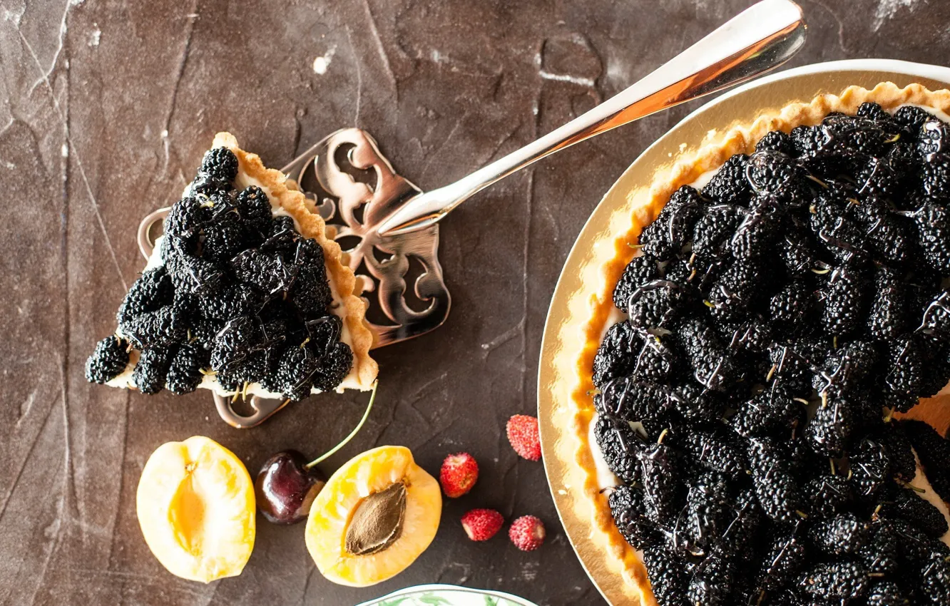 Photo wallpaper berries, pie, fruit, cakes, apricots, filling, mulberry