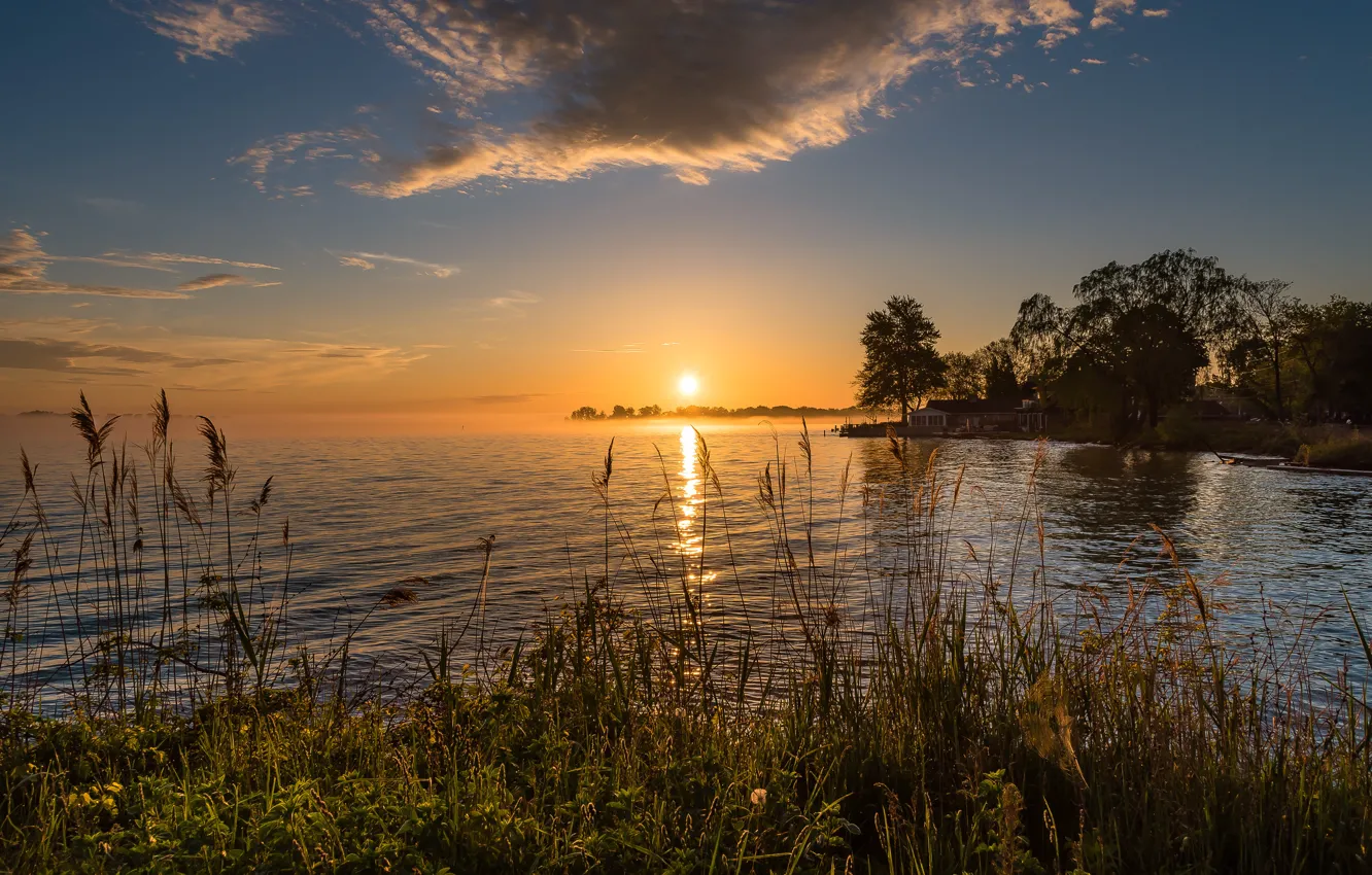 Photo wallpaper the sun, sunset, shore, pond