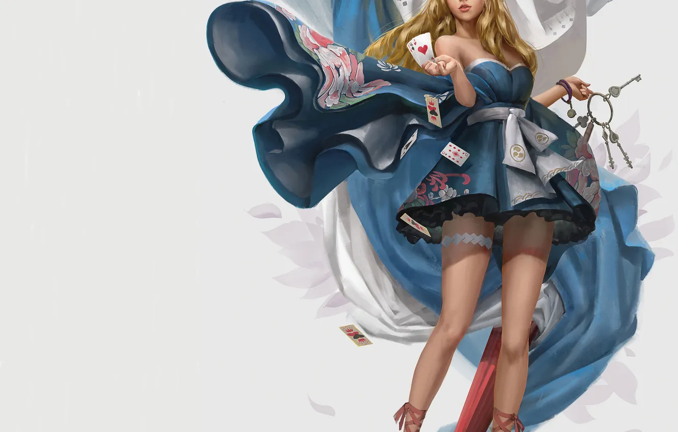 Photo wallpaper girl, hair, map, key, dress, Alice, Alice in Wonderland, light background
