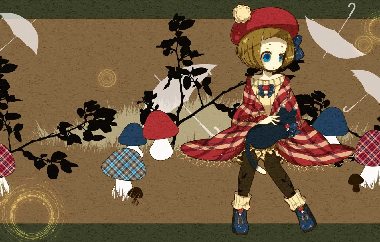 Photo wallpaper autumn, cat, mushroom, umbrella, anime, art, girl