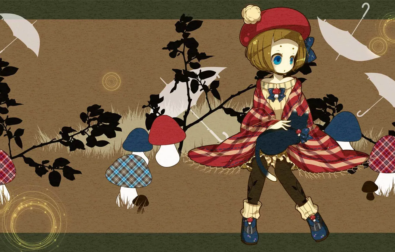 Photo wallpaper autumn, cat, mushrooms, umbrella, anime, art, girl