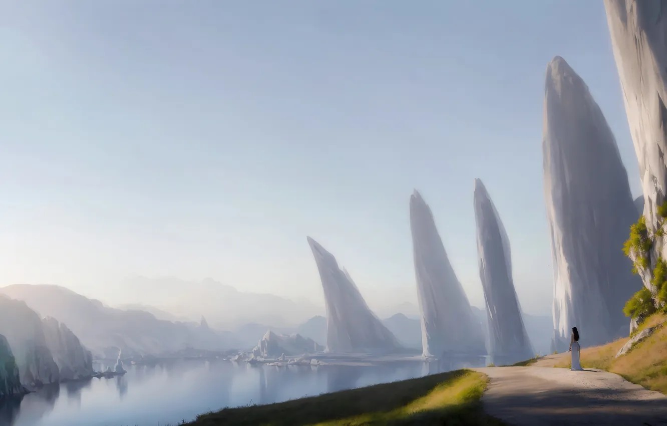 Photo wallpaper rock, sky, landscape, art, lake, painting, planet, digital art