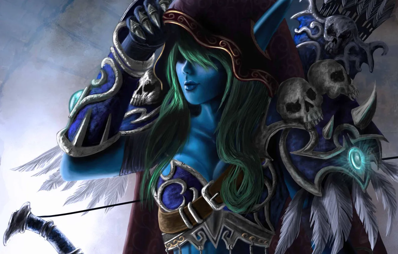 Photo wallpaper skull, bow, art, hood, World of Warcraft, elf, arrows, Sylvanas