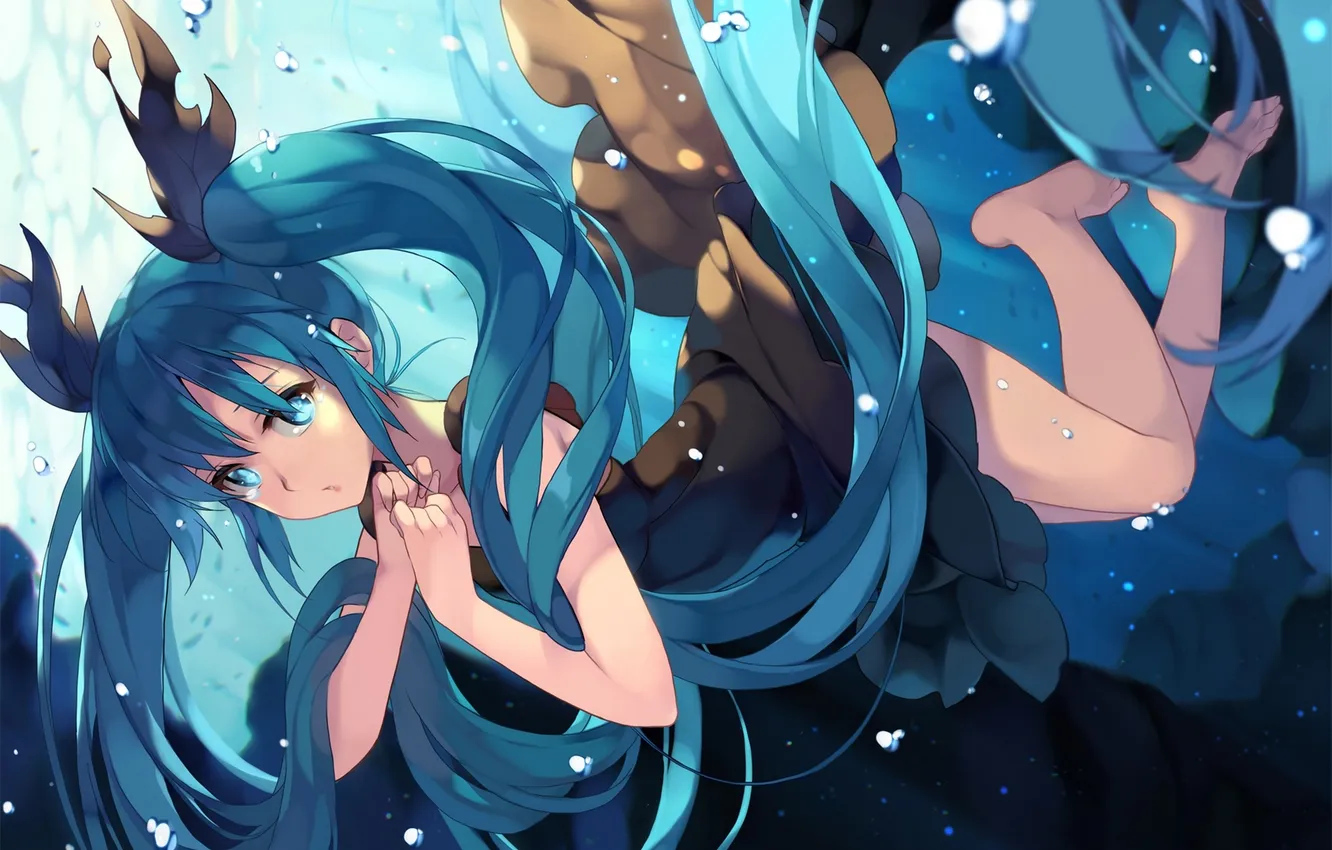 Photo wallpaper girl, bubbles, anime, art, vocaloid, hatsune miku, under water, deep-sea girl