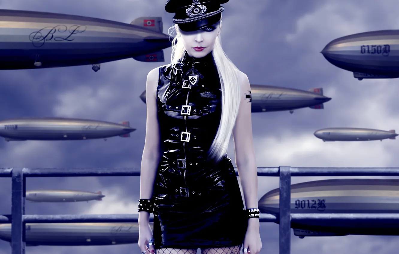 Photo wallpaper eyes, look, girl, hands, makeup, tattoo, spikes, blonde