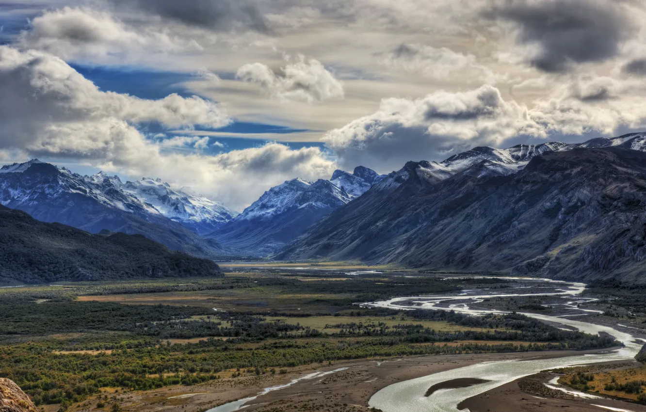 Photo wallpaper clouds, mountains, river, valley