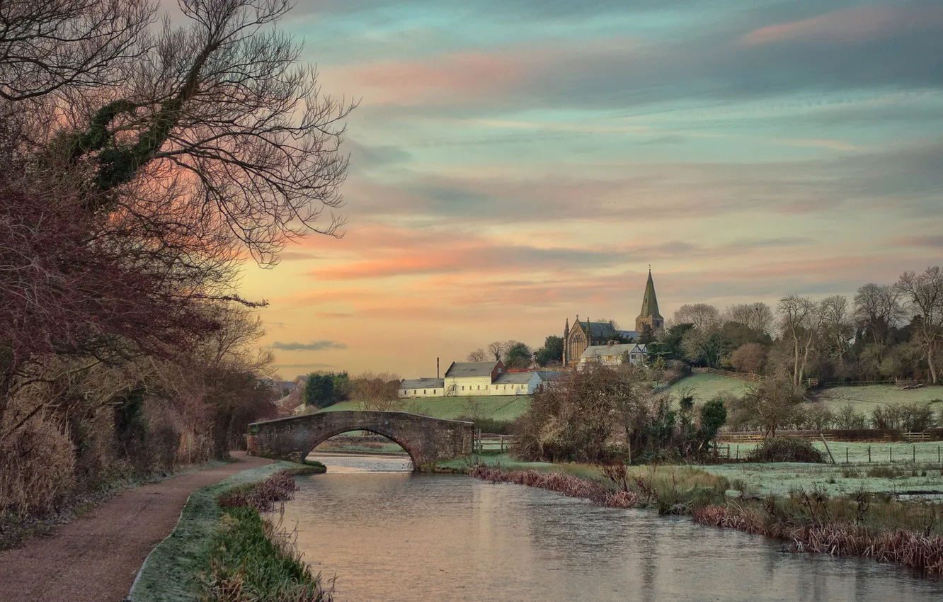 Photo wallpaper wave, water, trees, branches, bridge, river, street, home