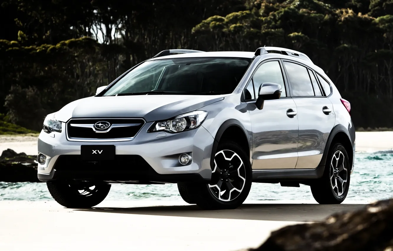 Photo wallpaper water, trees, Subaru, silver, jeep, the front, Subaru, crossover
