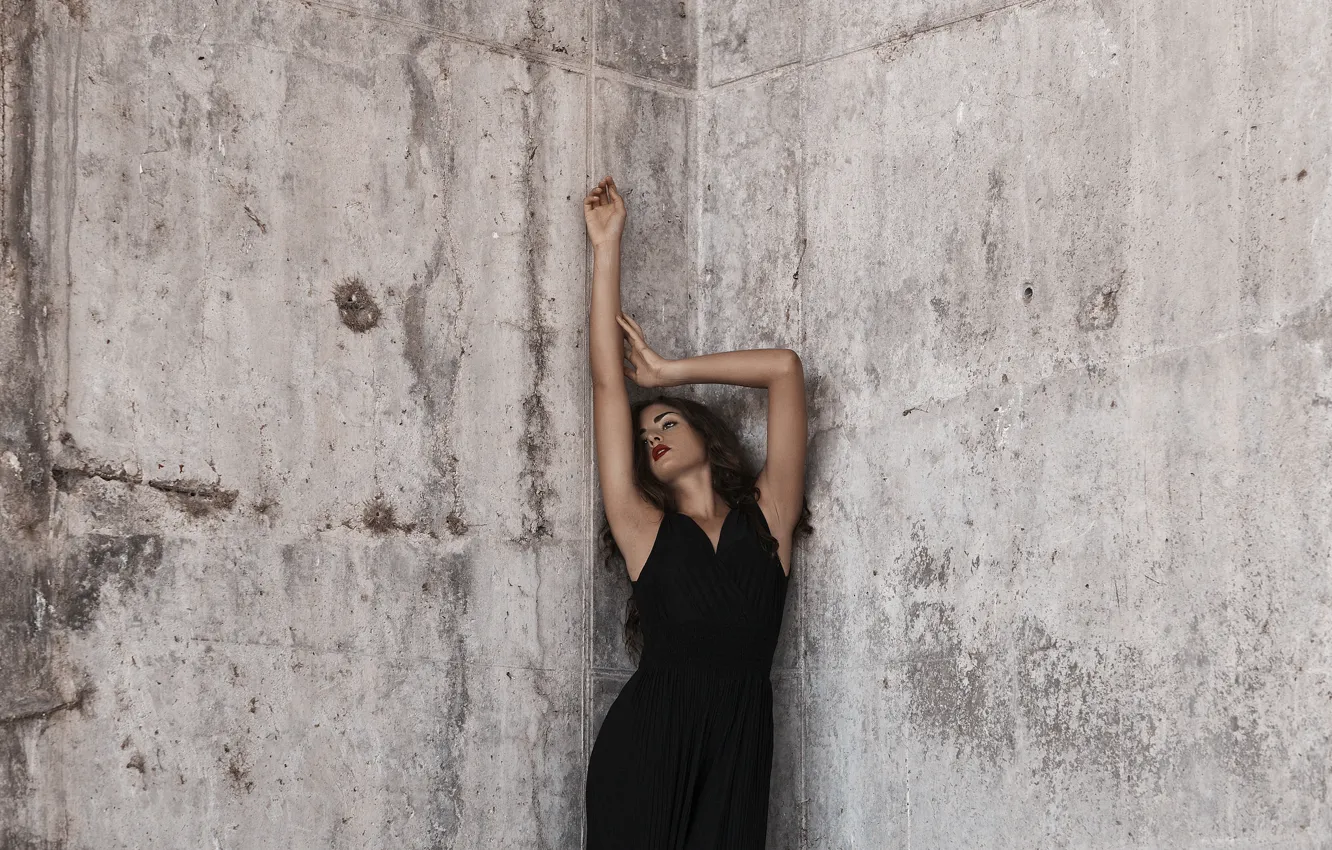 Photo wallpaper girl, face, pose, wall, hair, figure, dress, angle