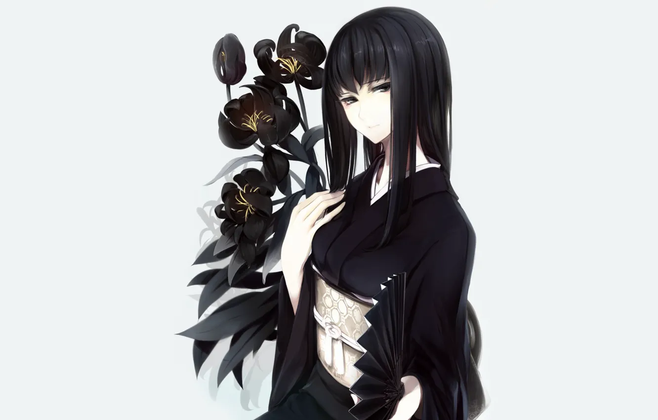 Photo wallpaper Girl, fan, kimono, black irises