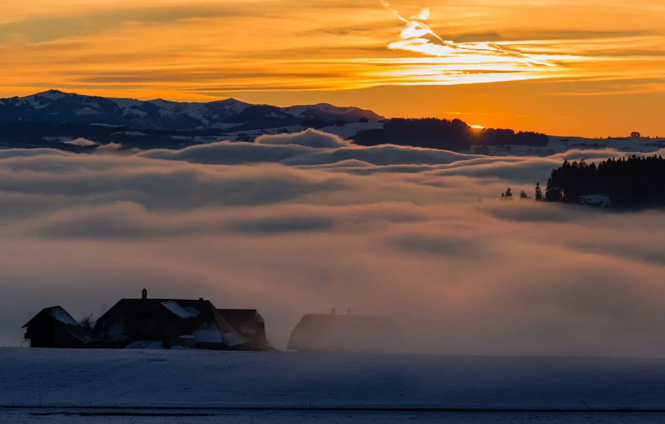 Photo wallpaper sunset, fog, home