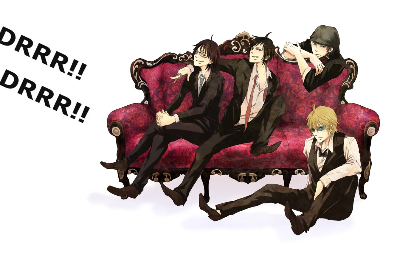 Photo wallpaper glasses, tie, white background, guys, on the couch, grin, durarara!!, black suit