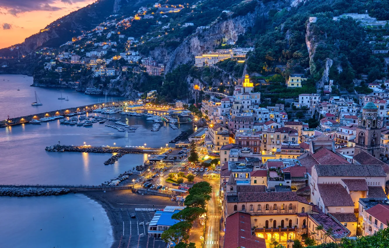 Photo wallpaper lights, home, the evening, twilight, night city, structure, Campania, dusk