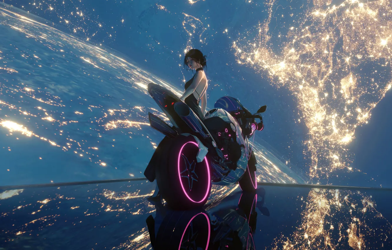 Photo wallpaper girl, night, beauty, horizon, space, galaxy, girl, bike