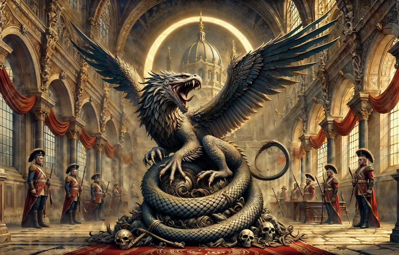 Photo wallpaper fantasy, guards, palace, Griffin