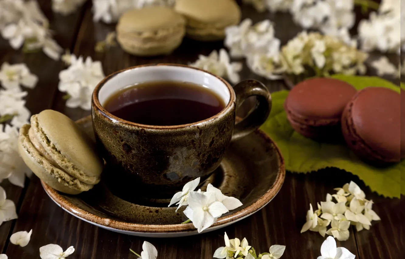 Photo wallpaper flowers, coffee, cookies, wood, Ellygri