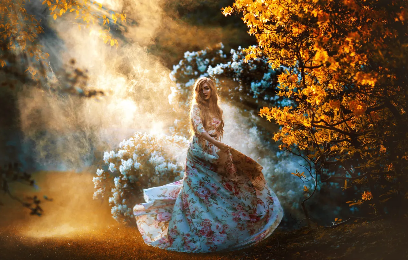 Photo wallpaper autumn, girl, nature, pose, garden, dress, haze, beautiful