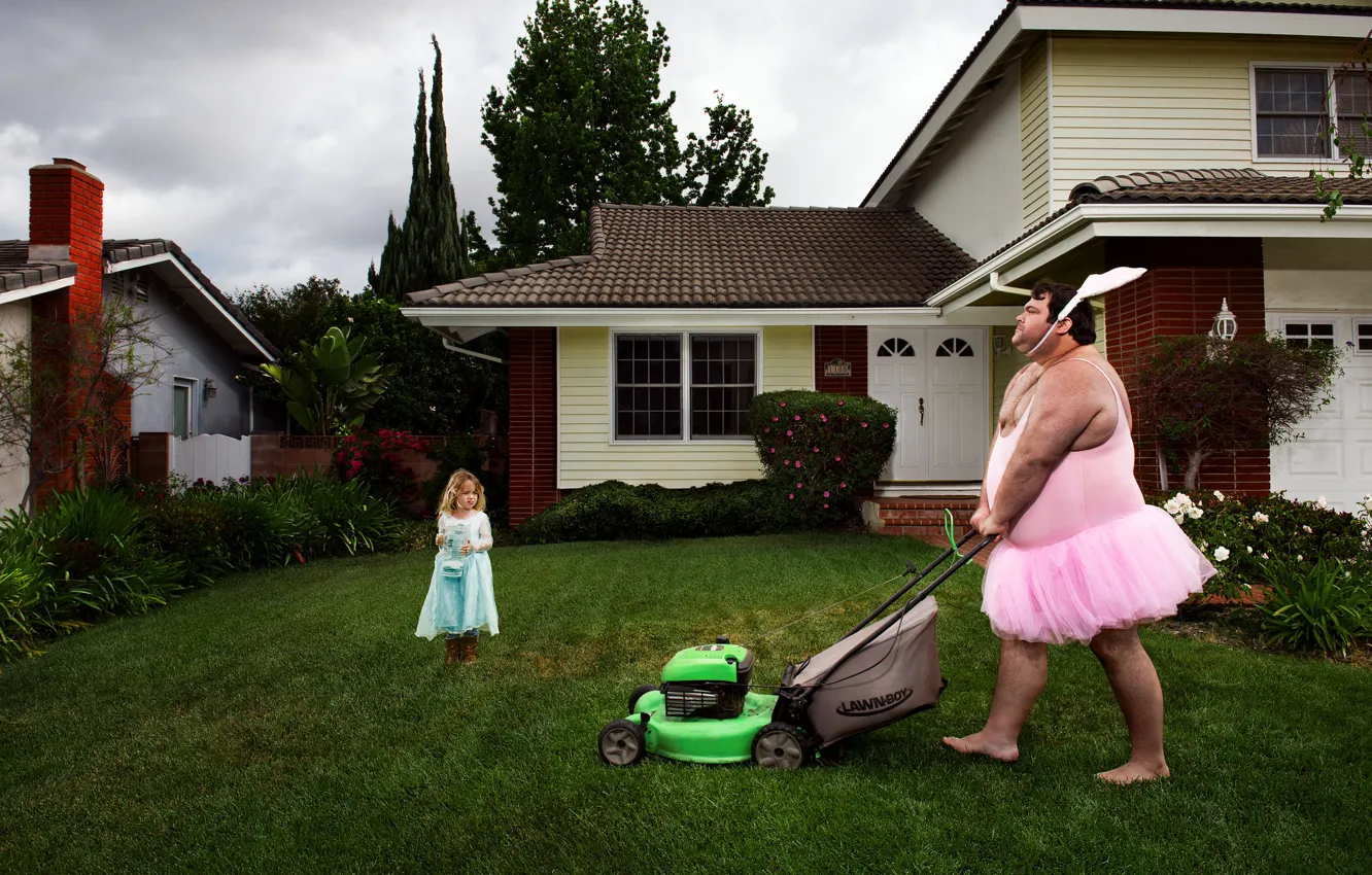 Photo wallpaper house, lawn, man, the situation, rabbit, girl, outfit, lawnmower