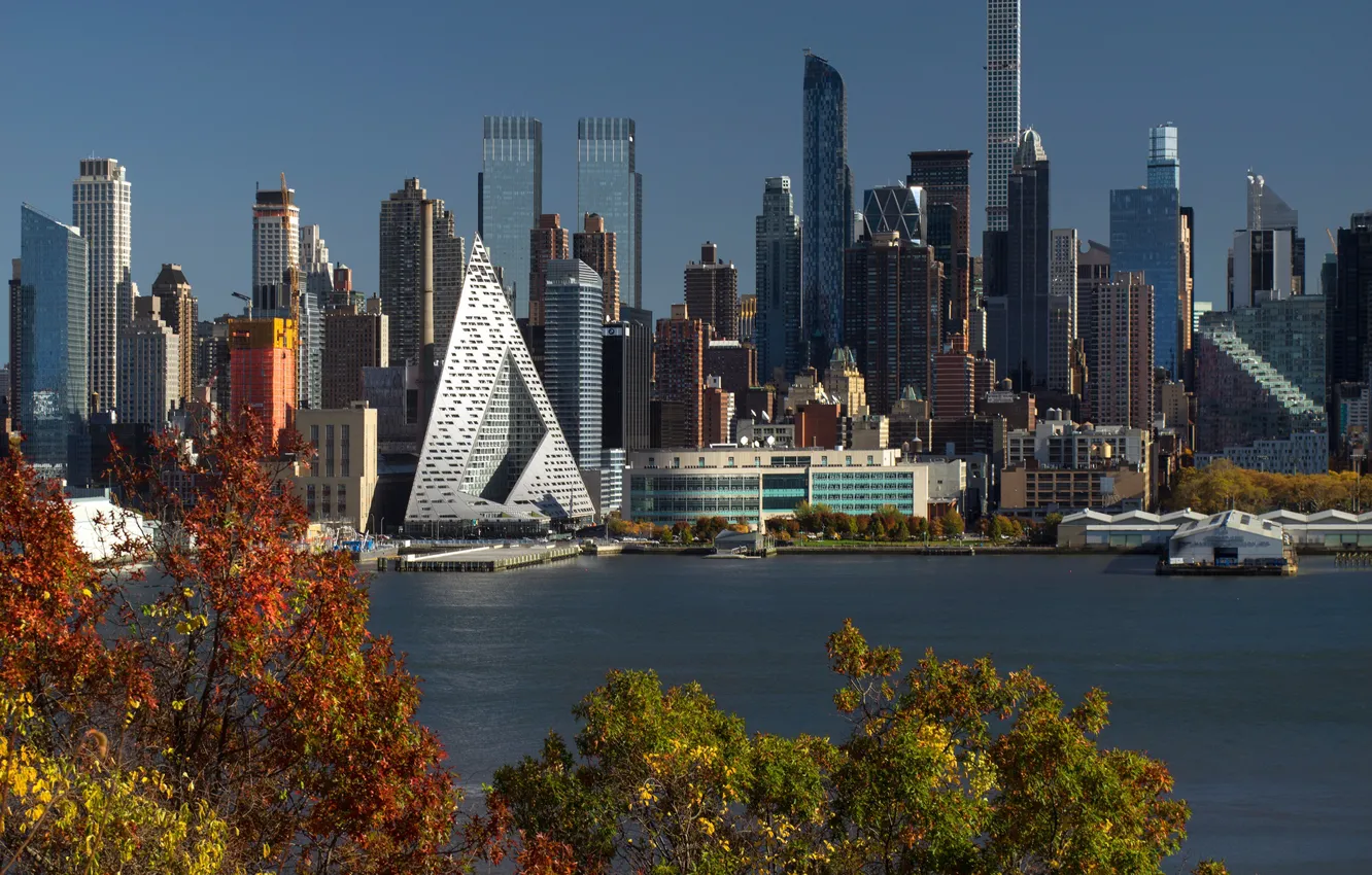 Photo wallpaper city, USA, river, sky, trees, water, New York, Manhattan